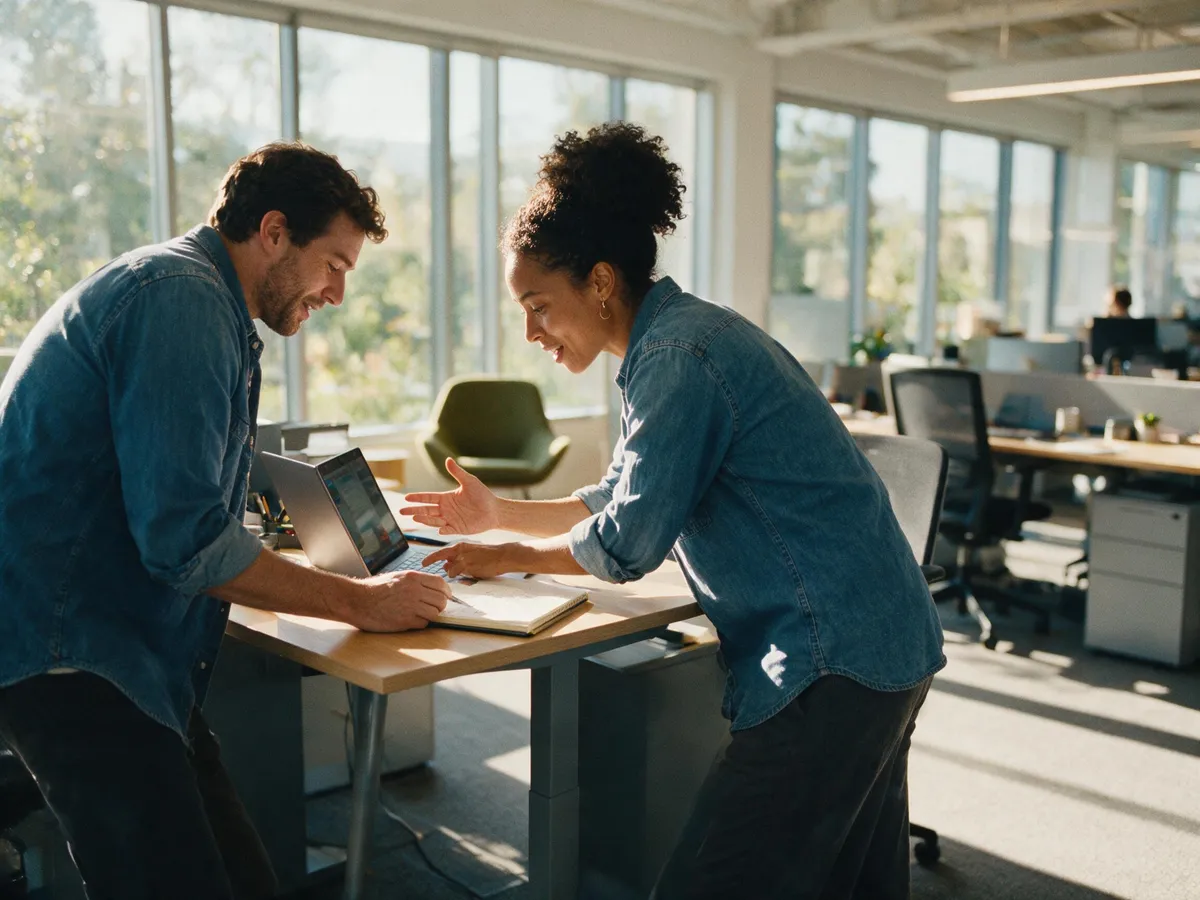 Two colleagues comparing notes together in a modern office