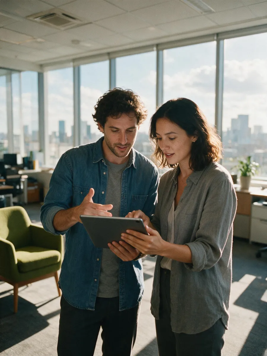 Two colleagues reviewing call routing together in a modern office