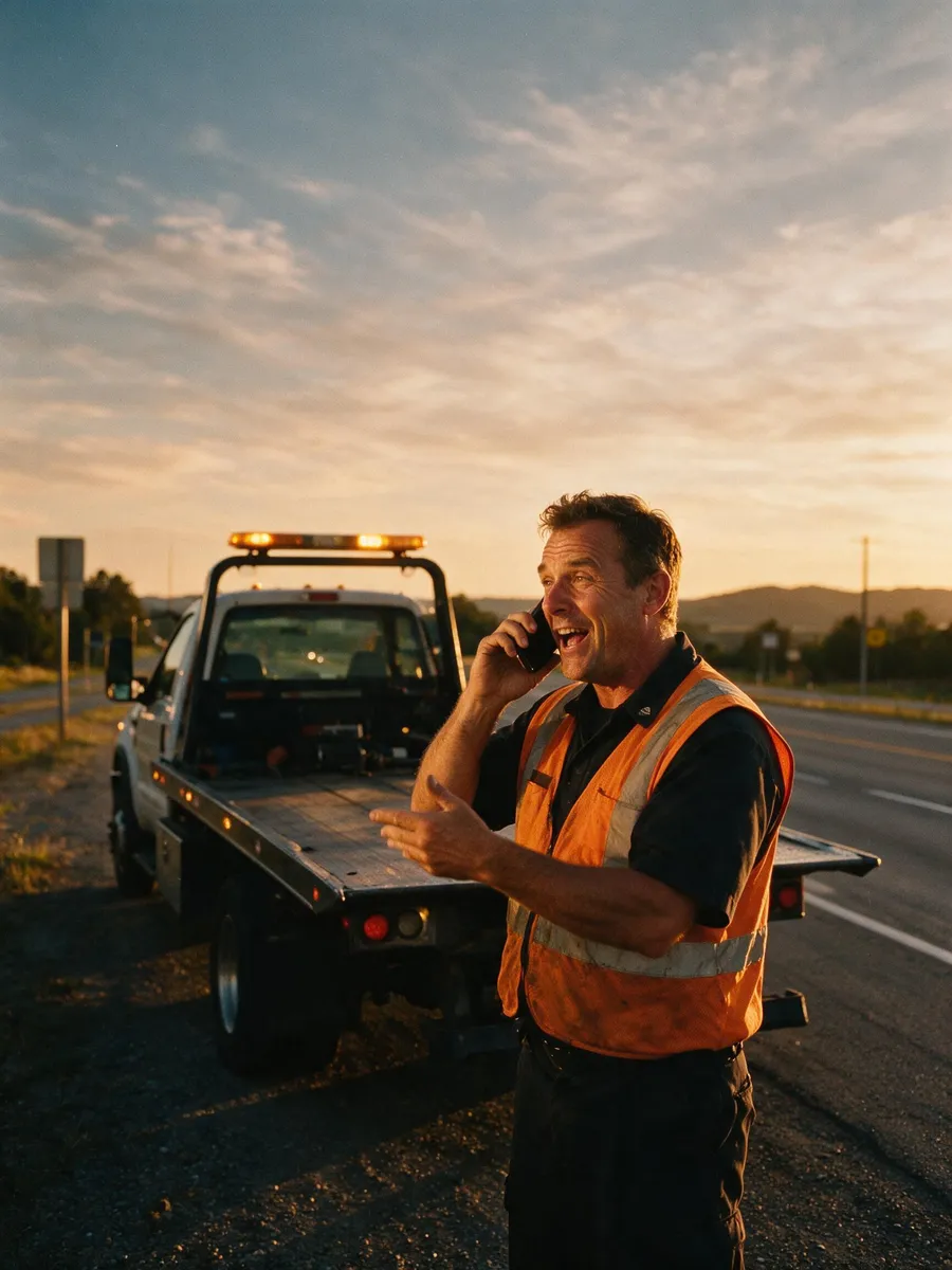 A tow truck operator on a call beside his truck at golden hour