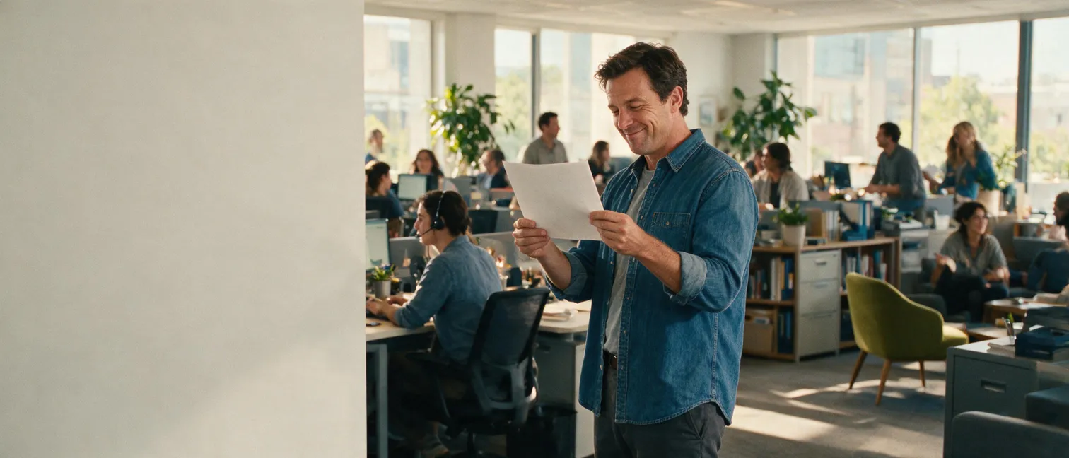 A small business owner reviewing a printed quote in a modern office
