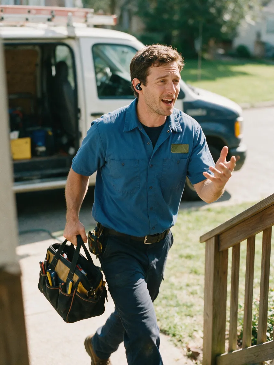 Field technician answering a call hands-free while carrying his tools